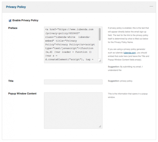 Embed the iubenda code into the Privacy Poicy field